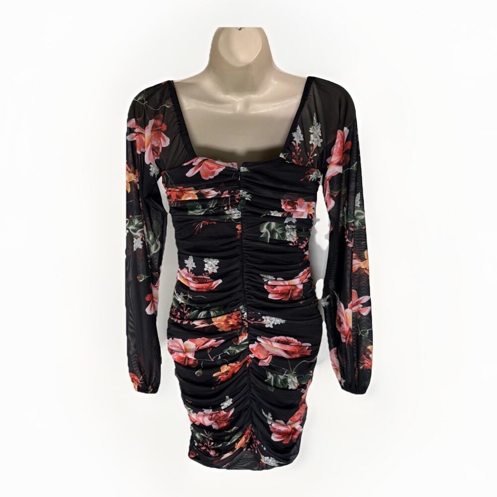NWT Y2K Guess Los Angeles XS Ruched Floral Mesh Bodycon Mini Dress Sheer Party - Picture 3 of 13